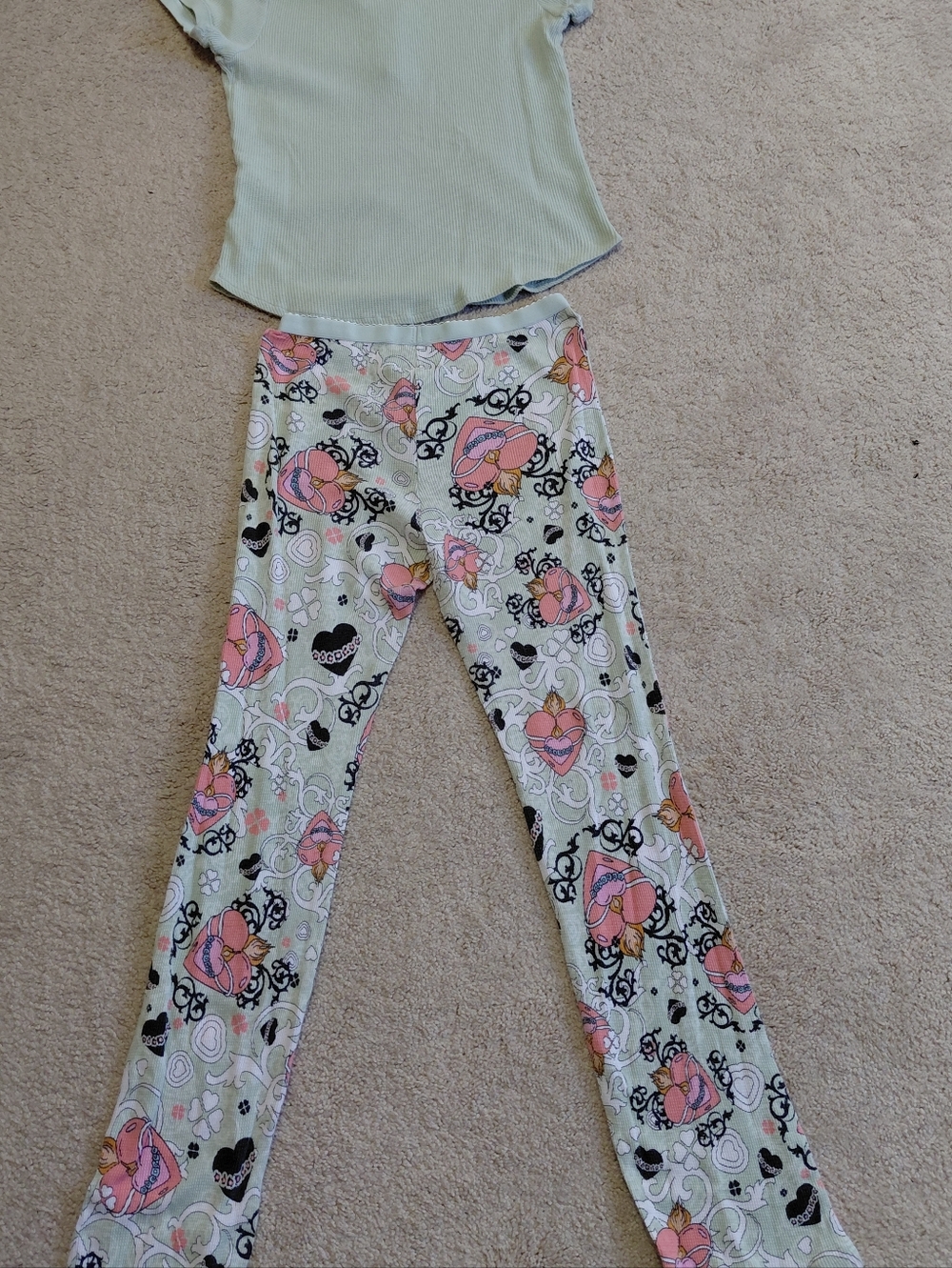 Pj Couture Mint Green Ribbed Henley Top with Pink Floral Heart Print Pajama Set - Picture 7 of 12